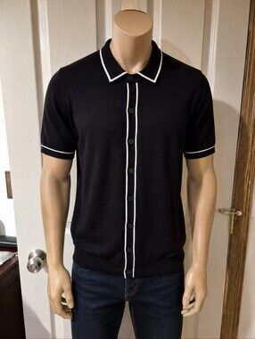 French Connection Men's Small Navy Blue Knit Button-Up Polo Shirt